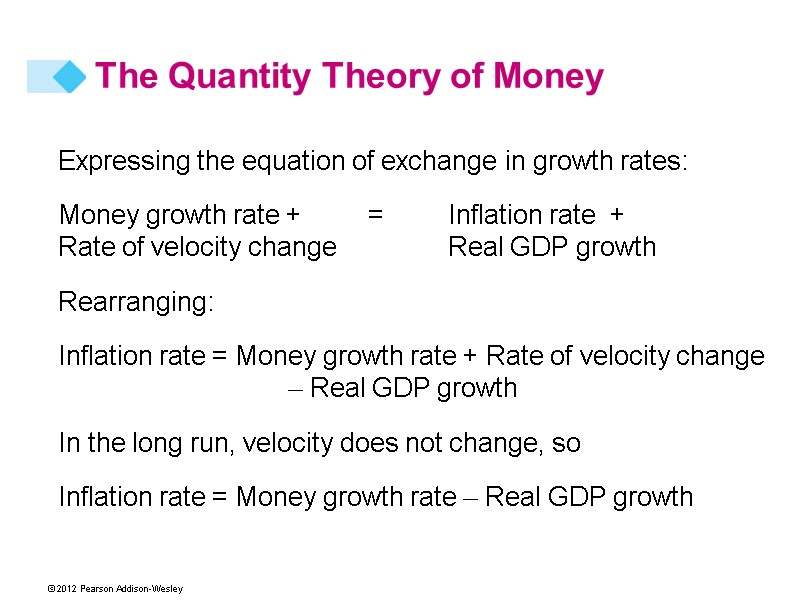 Expressing the equation of exchange in growth rates: Money growth rate +  =